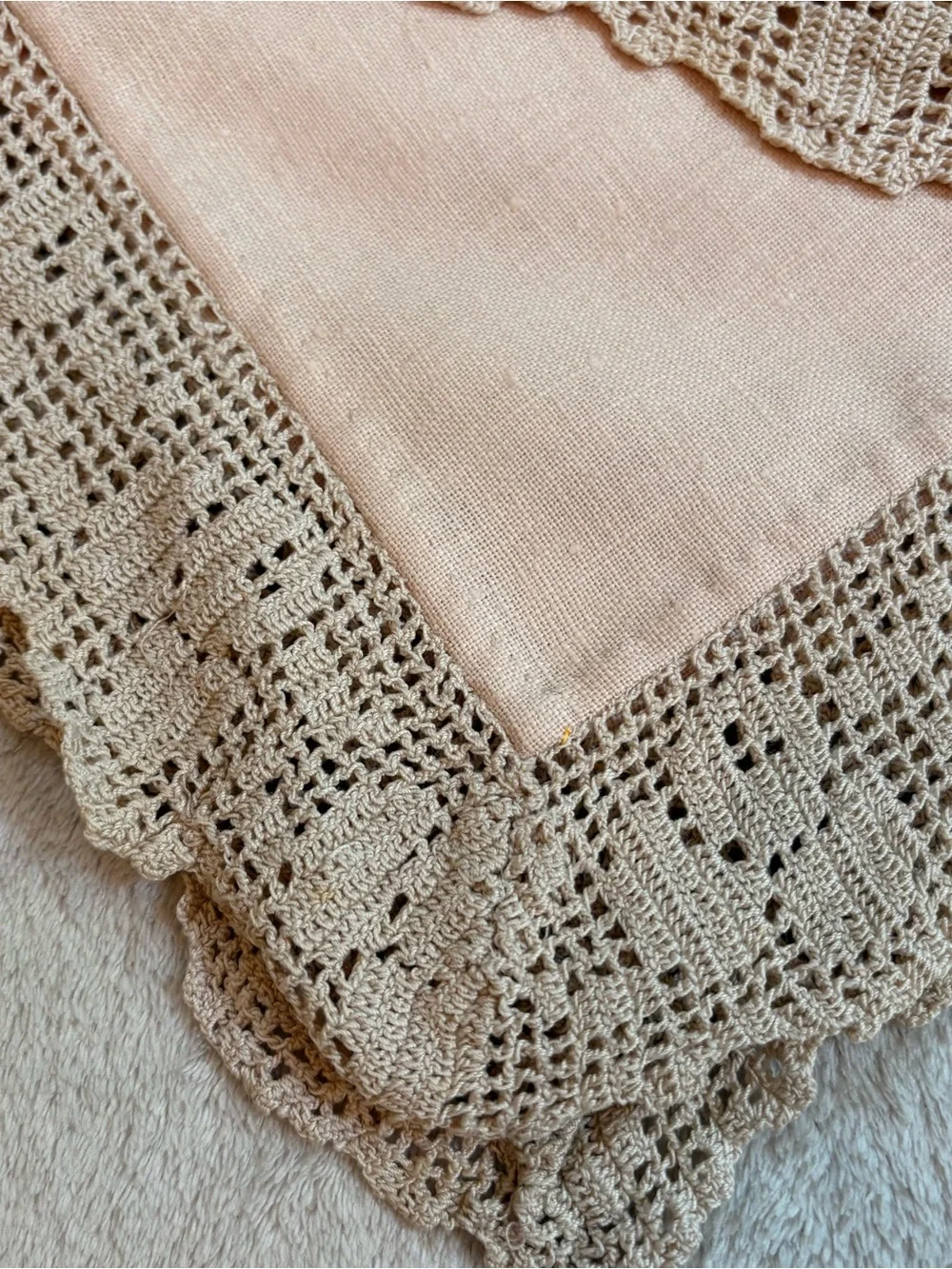 Classic Crochet Lace Trim Linen Tablecloth in Cream Tan Vintage Handmade